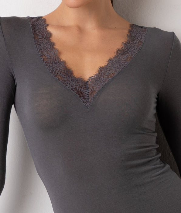Lovable Ultralight and Warm Modal and Cashmere V-Neck Long Sleeve Top with Lace, Dark Grey