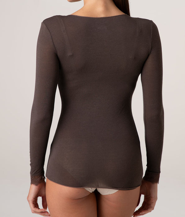 Lovable Ultralight and Warm Modal and Cashmere V-Neck Long Sleeve Top with Lace, Chocolate
