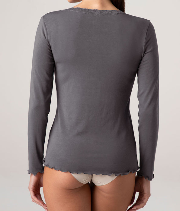 Lovable Warm Modal and Silk Long Sleeve Top with Lace Scoop Neck, Dark Grey