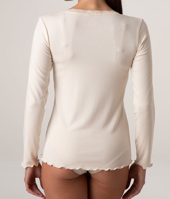 Lovable Warm Modal and Silk Long Sleeve Top with Lace Scoop Neck, Pearly Ivory
