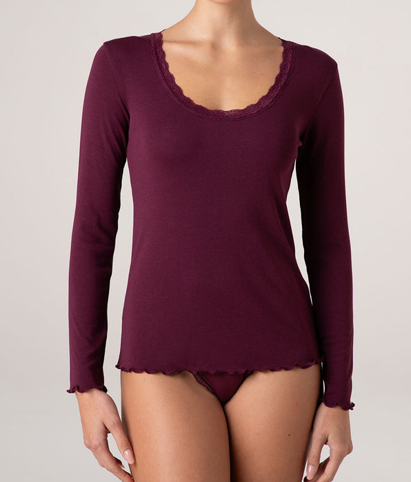 Lovable Warm Modal and Silk Long Sleeve Top with Lace Scoop Neck, Burgundy