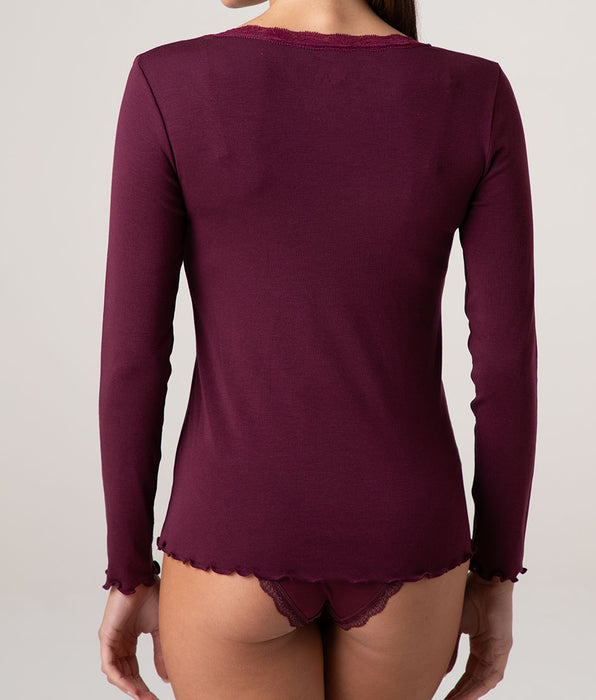 Lovable Warm Modal and Silk Long Sleeve Top with Lace Scoop Neck, Burgundy