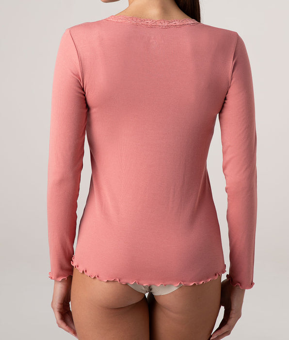 Lovable Warm Modal and Silk Long Sleeve Top with Lace Scoop Neck, Light Terracotta