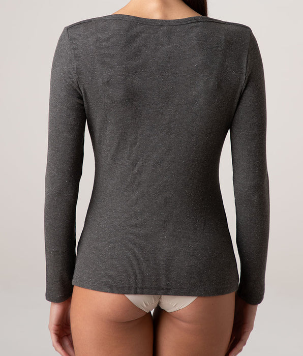 Lovable Rib Glimmering Modal Boat Neck Long Sleeve Top, Smoke Grey Mélange