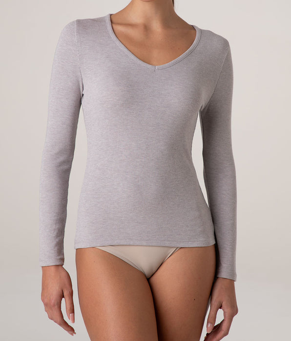 Lovable Rib Glimmering Modal V-Neck Long Sleeve Top, Grey Mélange