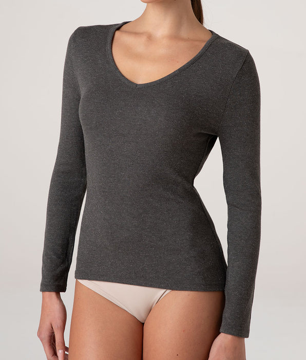 Lovable Rib Glimmering Modal V-Neck Long Sleeve Top, Smoke Grey Mélange