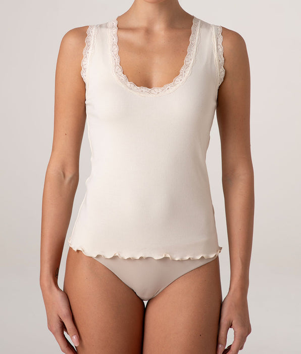 Lovable Warm Modal and Silk Lace Tank Top, Pearly Ivory