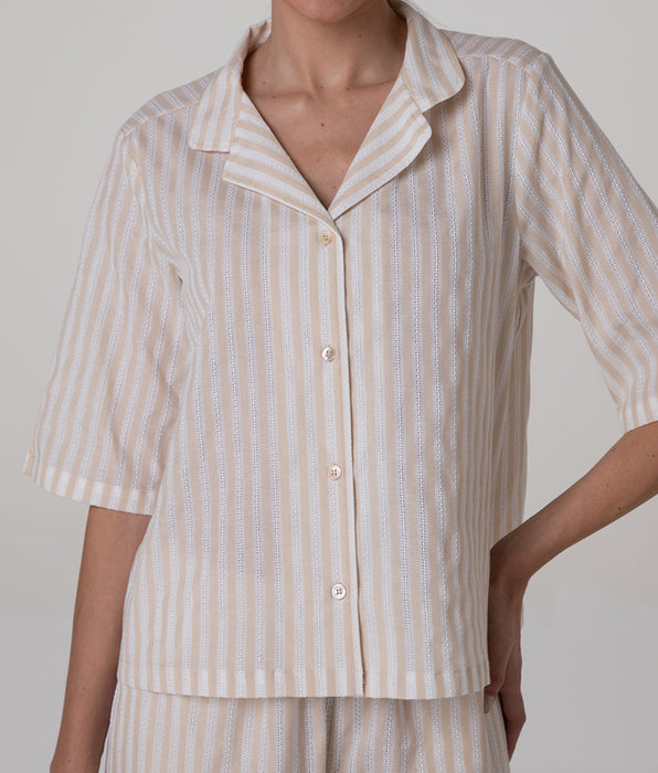 Lovable Pigiama Aperto con Maniche 3/4 e Pantaloni 7/8 in Tela di Cotone, righe bianco e crema