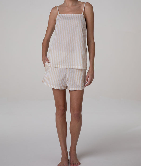 Lovable Pajama Set with Top and Shorts in Cotton Canvas, white and cream stripes