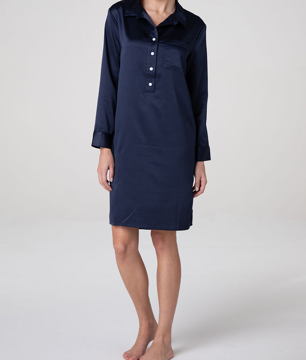 Lovable Satin Henley Nightgown, navy blue