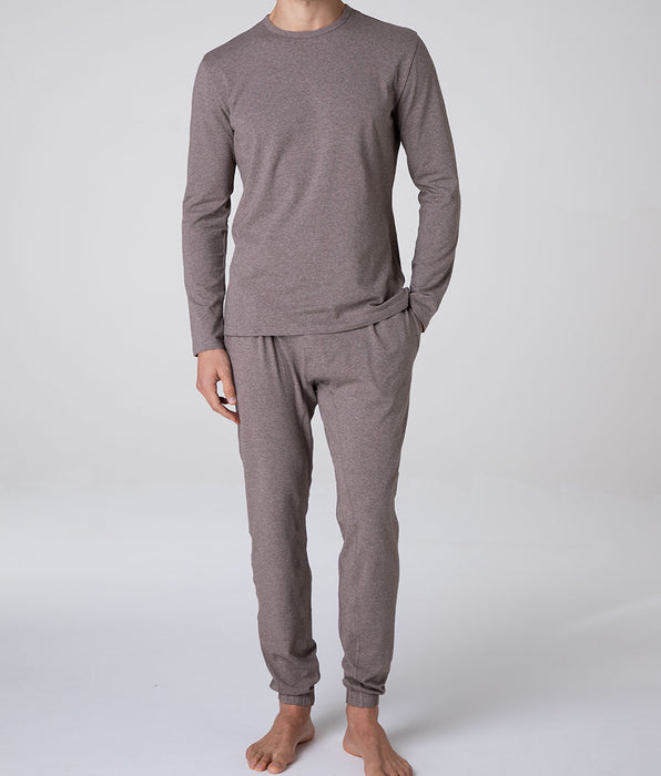 Lovable Long Cotton Jersey Crew-Neck Pyjama Set, Brown Mélange