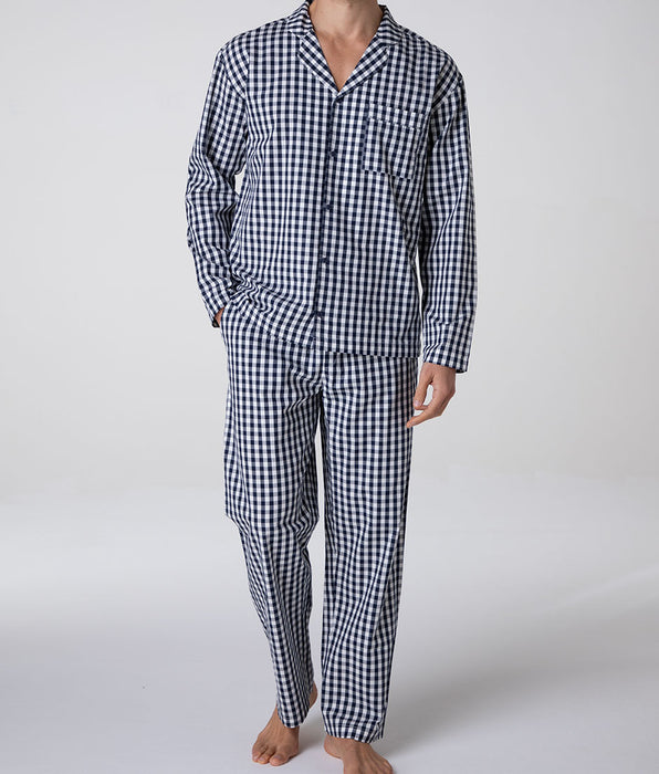 Lovable Long Woven Cotton Pyjama Set, Blue Gingham Check