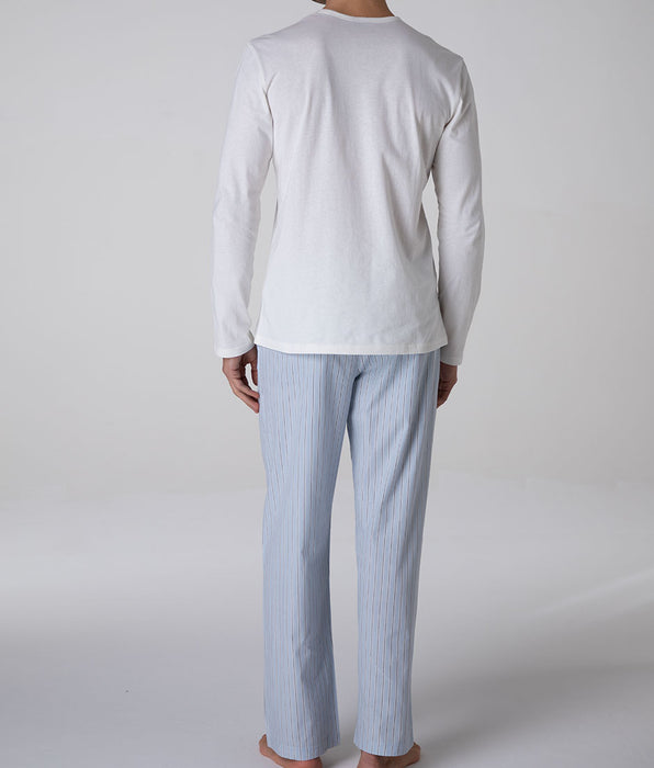 Lovable Long Jersey and Woven Cotton Crew-Neck Pyjama Set, Ivory