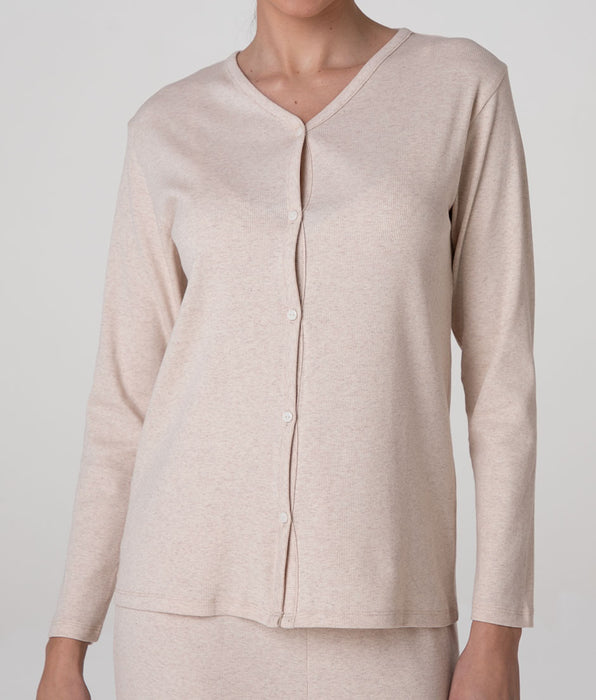 Lovable Ribbed Cotton Open Long-Sleeve Cardigan, beige melange