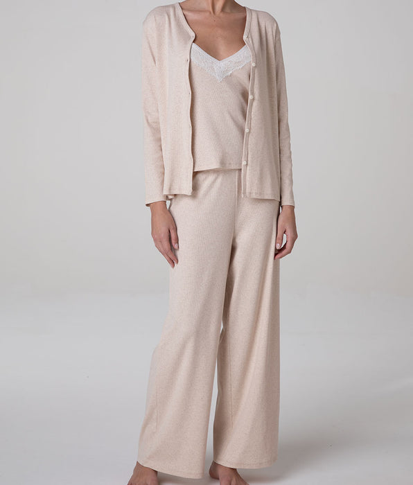 Lovable Ribbed Cotton Open Long-Sleeve Cardigan, beige melange