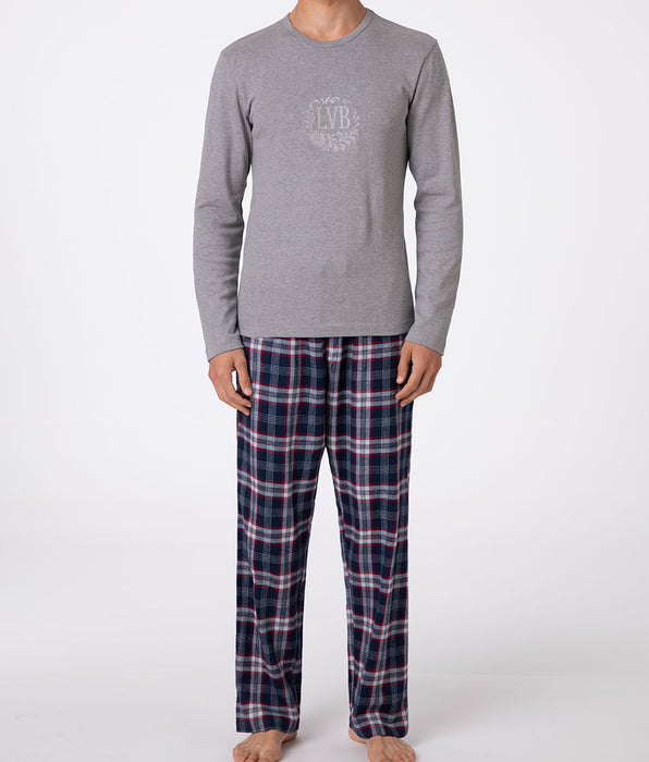 Lovable Long Cotton Jersey Crew-Neck Pyjama Set, Grey Mélange