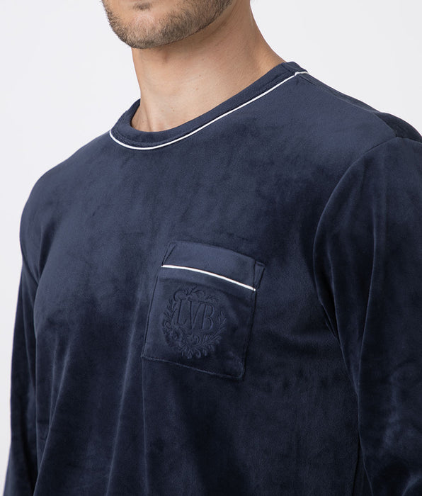 Lovable Men's Crew Neck Long Chenille Pajamas, navy blue