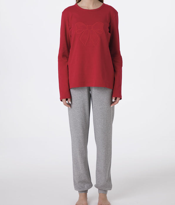 Lovable Round-Neck Embroidered Interlock Long Pajamas, red