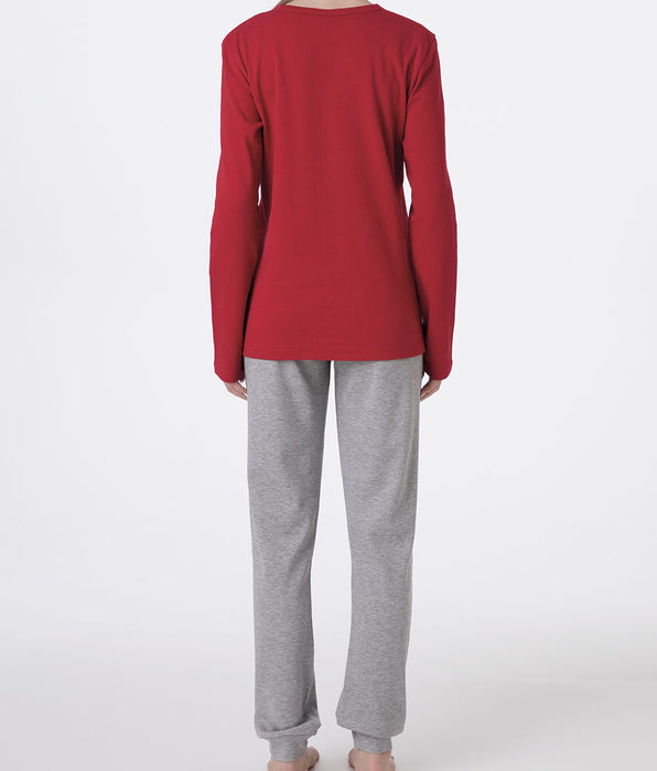 Lovable Round-Neck Embroidered Interlock Long Pajamas, red