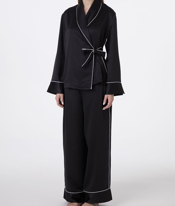 Lovable Long Open Satin Kimono Pajamas, black