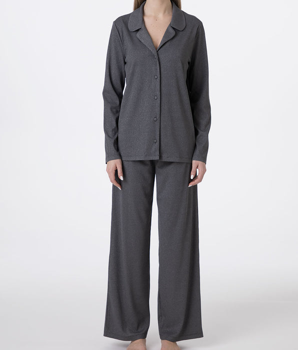 Lovable Long Open Ribbed Lurex Pajamas, smoke grey