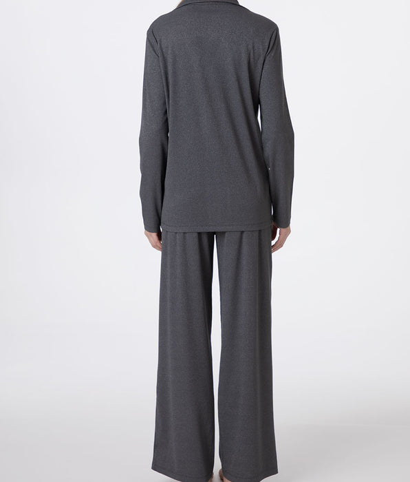 Lovable Long Open Ribbed Lurex Pajamas, smoke grey