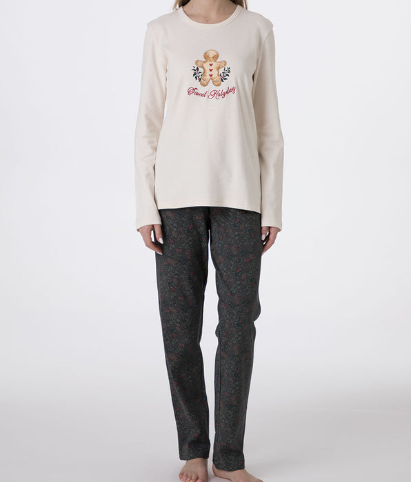 Lovable Round-Neck Brushed Interlock Long Pajamas, printed pearl ivory