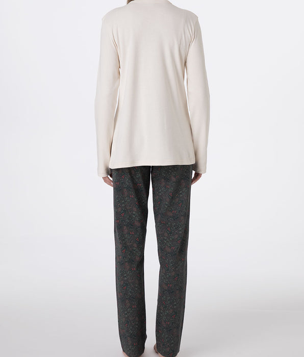 Lovable Round-Neck Brushed Interlock Long Pajamas, printed pearl ivory