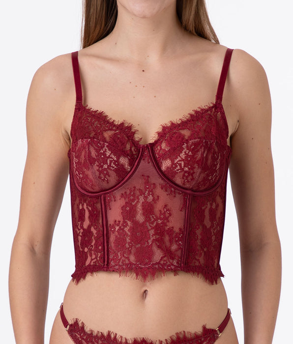 Lovable Underwired Corset Bra Le Studio in lace and tulle, dark red