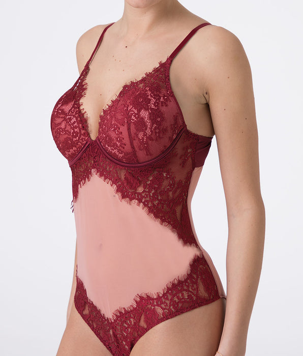 Lovable Underwired Push-Up Bodysuit Le Studio in lace and tulle, dark red