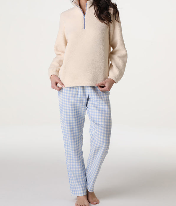 Lovable Homewear Chiuso con mezza Zip in Flanella e Pelliccetta, bianco