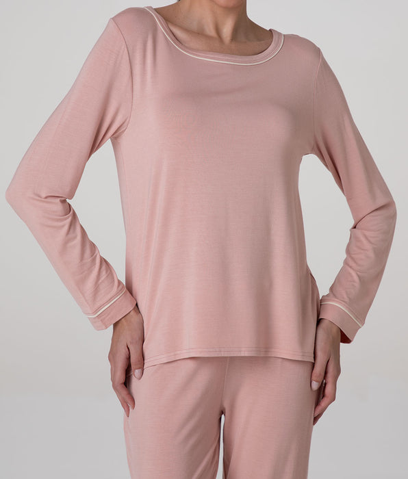 Lovable Elastic Viscose Round-Neck Long-Sleeved Top, blush pink