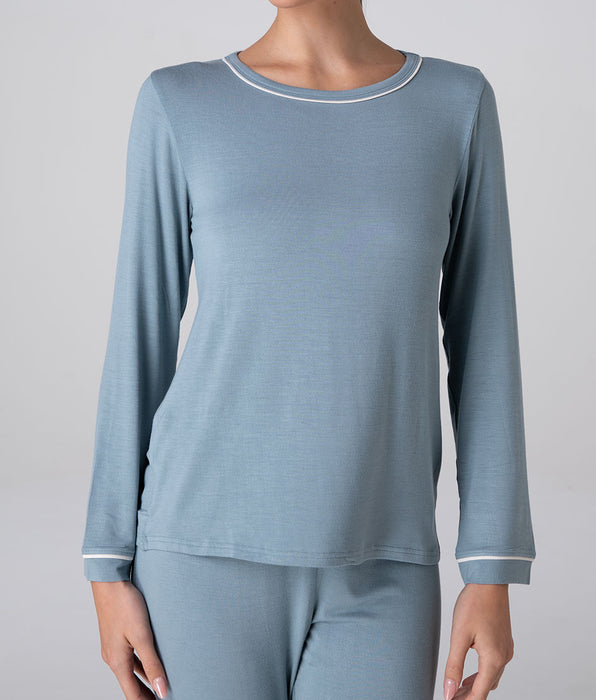 Lovable Elastic Viscose Round-Neck Long-Sleeved Top, dusty blue