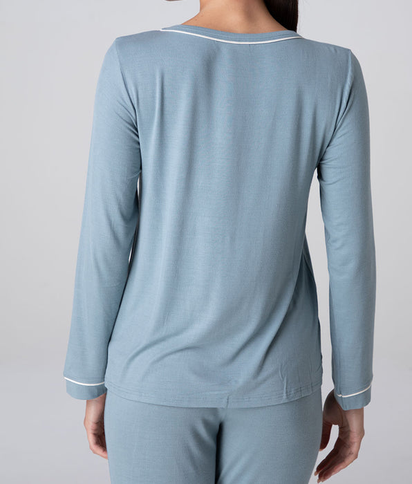Lovable Elastic Viscose Round-Neck Long-Sleeved Top, dusty blue