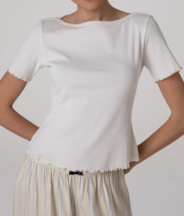 Lovable T-shirt Scollo a Barchetta in Cotone a Costine, bianco latte