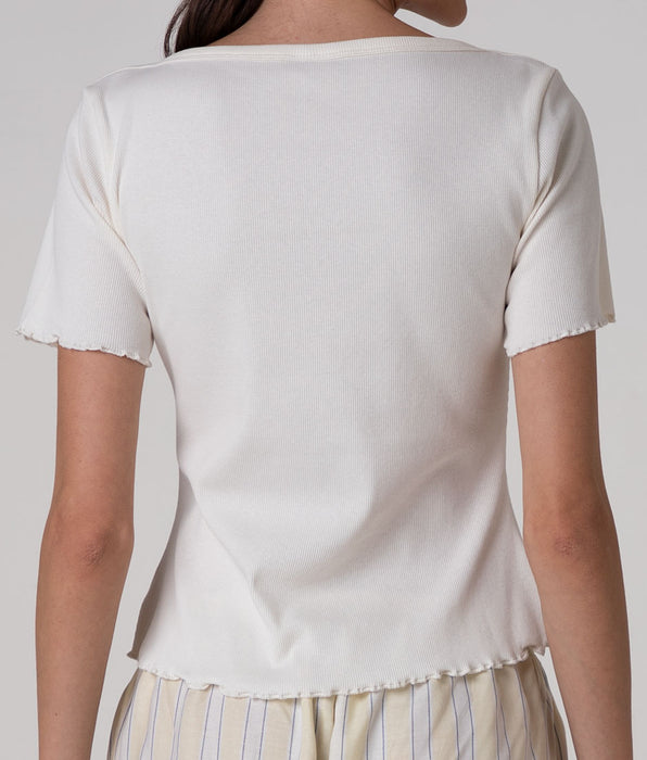 Lovable T-shirt Scollo a Barchetta in Cotone a Costine, bianco latte