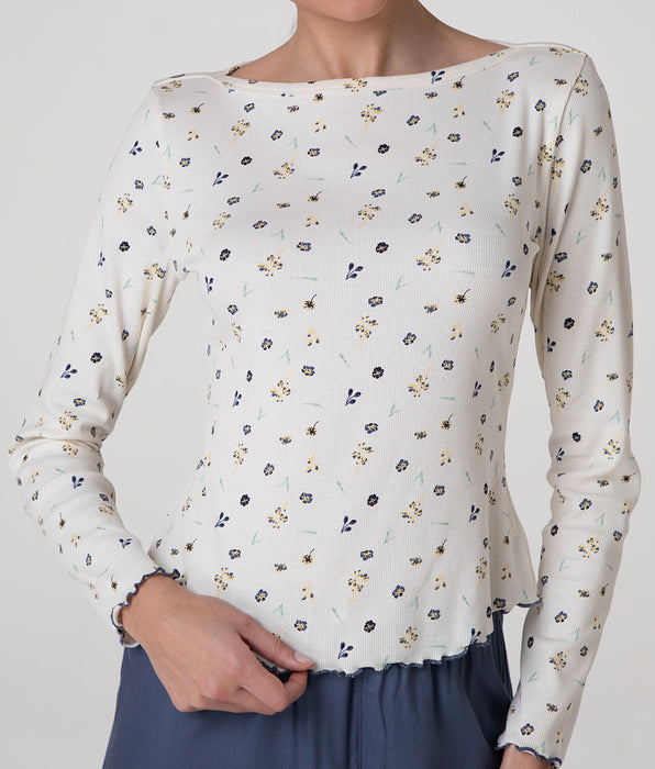 Lovable T-shirt a Manica Lunga Scollo a Barchetta in Cotone a Costine, bianco latte stampato