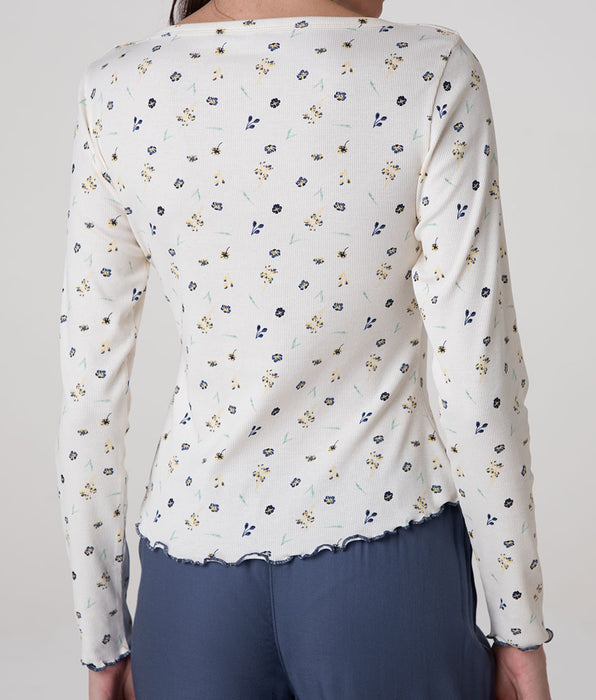 Lovable T-shirt a Manica Lunga Scollo a Barchetta in Cotone a Costine, bianco latte stampato
