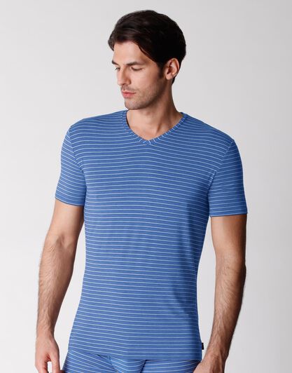 T-shirt scollo a V uomo in micromodal, rigato azzurro, , LOVABLE