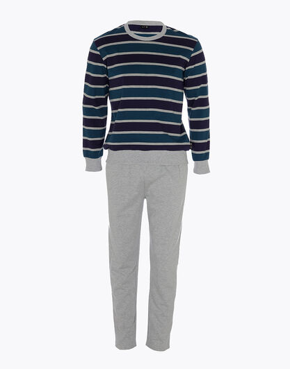 Pigiama lungo a righe in cotone, grigio melange e blu, , LOVABLE