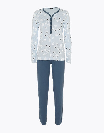 Pigiama donna lungo in jersey 100% cotone, azzurro stampato, , LOVABLE