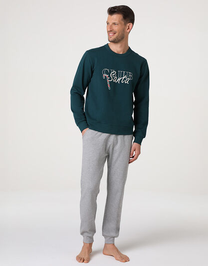 Pigiama Lungo Girocollo in Felpa e Interlock, verde scuro, , LOVABLE