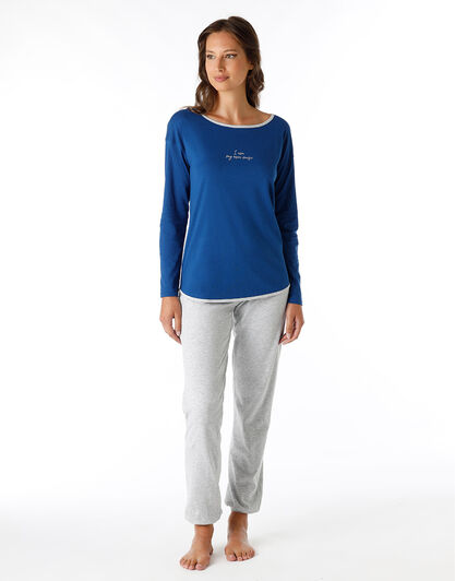 Pigiama lungo in jersey, blu navy, , LOVABLE