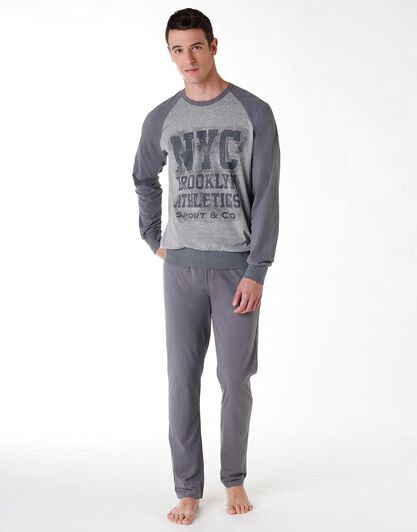 Pigiama lungo uomo in jersey di cotone, grigio con stampa, , LOVABLE