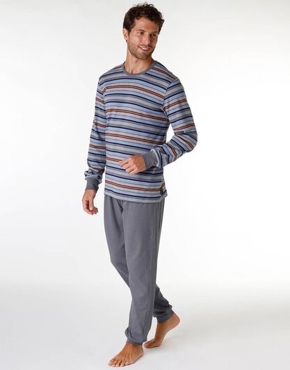 Pigiama uomo lungo in 100% cotone interlock, a righe multicolore, , LOVABLE