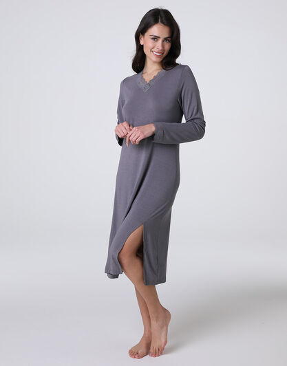 Camicia da Notte Lunga scollo a V Elegant Modal, grigio antracite, , LOVABLE