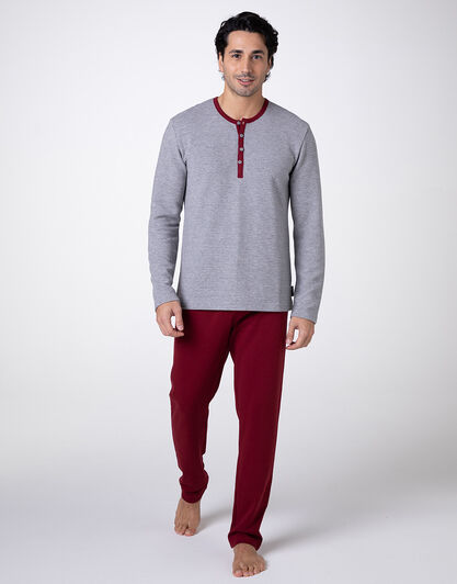 Pigiama Lungo Collo Serafino Warm Fabric e Interlock, grigio melange e bordeaux, , LOVABLE