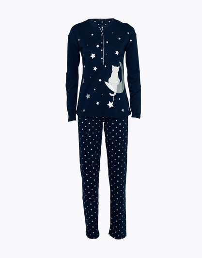 Pigiama donna lungo in 100% cotone interlock, blu con stampa, , LOVABLE