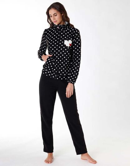 Homewear donna lungo in micropile, nero con pois, , LOVABLE