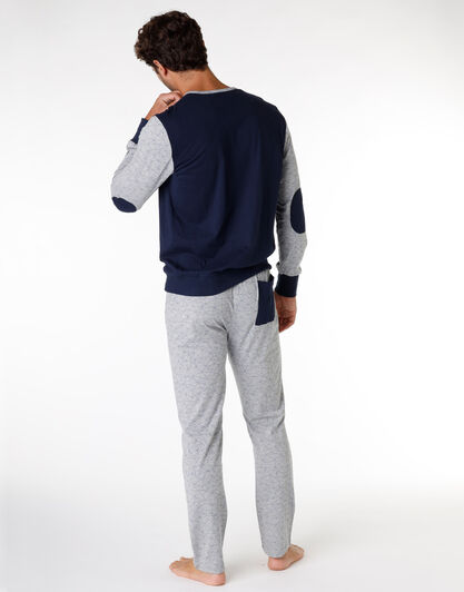 Pigiama lungo uomo in jersey di cotone, blu navy e grigio stampato, , LOVABLE